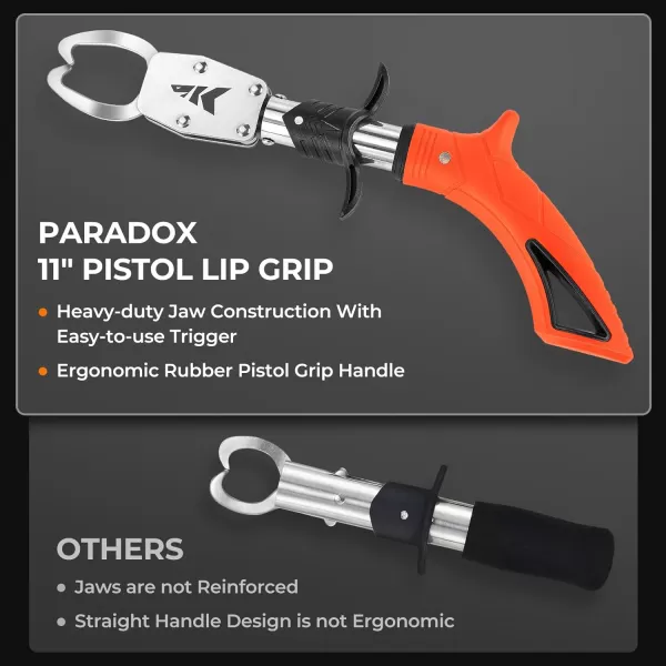 KastKing Paradox 9 Lip Grip CorrosionResistant Stainless Steel Fish Landing Tool with NonSlip Rubber Handle EasyUse Trigger Swivel Jaws and Adjustable Wrist Strap for Secure FishingB 11 Pistol Lip Grip