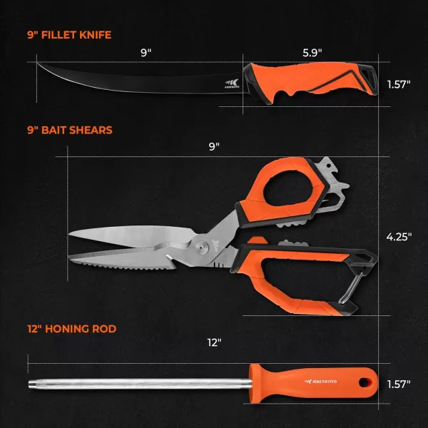 KastKing Paradox Fishing Tool Complete Fish Clean  Prep Set 9 Fillet Knife 9 MultiPurpose Bait Shears and 12 Honing Rod Durable Stainless Steel with NonSlip Handles and Custom Sheaths9 Fillet Knife