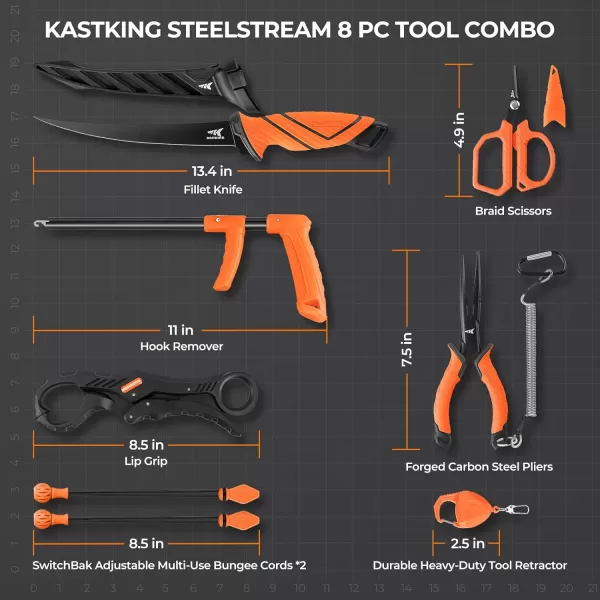 KastKing SteelStream 8pc Fishing Tool Kit  Fishing Pliers with Lanyard Fillet Knife Floating Fish Lip Gripper Fishing Braid Scissors Tool Retractor Fishing Hook Remover Bungee CordsKastKing SteelStream 8pc Fishing Tool Kit  Fishing Pliers with Lanyard Fillet Knife Floating Fish Lip Gripper Fishing Braid Scissors Tool Retractor Fishing Hook Remover Bungee Cords