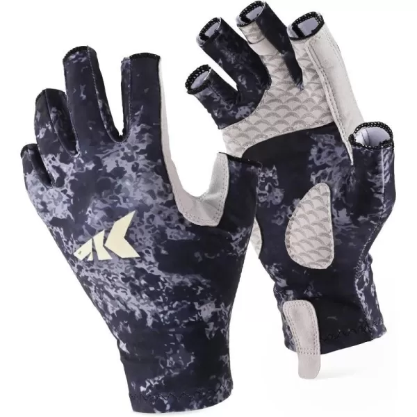 KastKing La Sal Fishing Gloves UPF50 Sun Gloves UV Protection Fingerless Gloves Men Women for Outdoor Kayaking Rowing Paddling Canoeing HuntingBoulder camo Obsidian