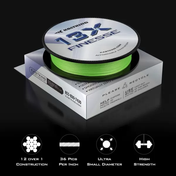 KastKing 13X Finesse Braided Fishing Line  Abrasion Resistant Braided Line Extremely Thin Smooth Long Casting Line for Spinning and Finesse Casting Presentations Superior Knot Strength 75 Thinner Than MonoChartreuse