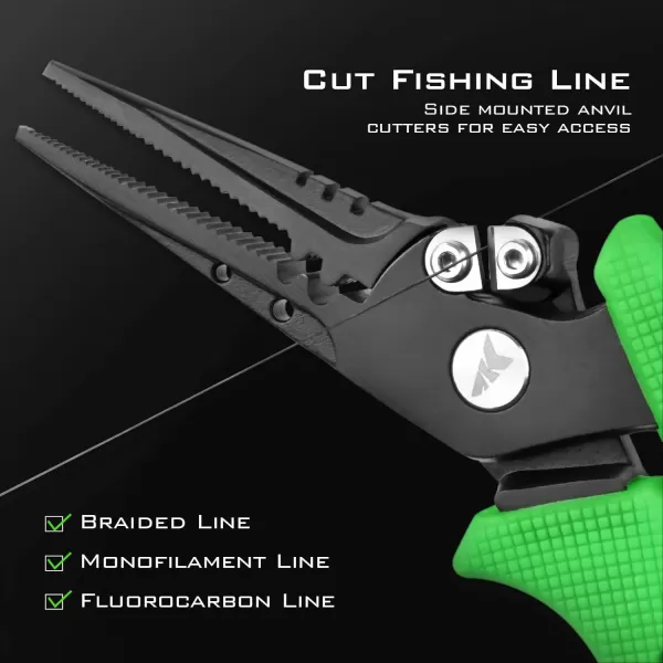 KastKing Cutthroat 7inch Fishing Pliers Saltwater Resistant 420 StainlessSteel Fishing Tools Comfortable and Slip Resistant Rubber Handle Braided Line Cutter Hook Remover Crimper and SheathD 7 Straight Nose Green