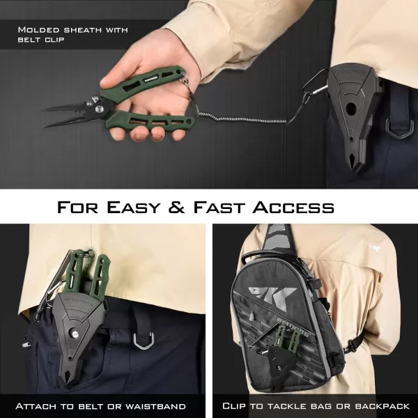 KastKing Cutthroat 7inch Fishing Pliers Saltwater Resistant 420 StainlessSteel Fishing Tools Comfortable and Slip Resistant Rubber Handle Braided Line Cutter Hook Remover Crimper and SheathF 7 Straight Nose Stryker Green