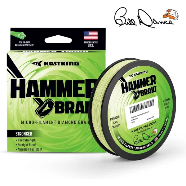 KastKing Hammer Braid Fishing Line  Abrasion Resistant Braided Line Made in The USA Thin Diameter Superline Endorsed by Bill Dance Tighter Diamond Braid Zero Stretch More Color Fast Multiple Color OptionsG Chartreuse