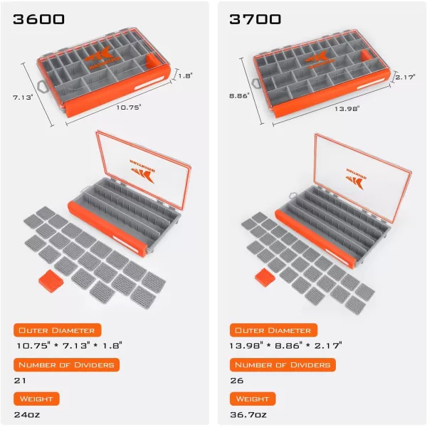 KastKing HyperSeal Waterproof Fishing Tackle Box Waterproof 3600 and 3700 Tackle Trays Organizer with Removable Dividers Lure Box and Terminal Tackle Storage37002 packs