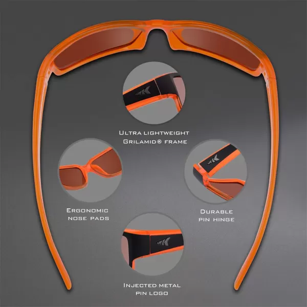 KastKing Skidaway Polarized Sport Sunglasses for Men and WomenIdeal for Driving Fishing Cycling and RunningUV ProtectionFrame Matte Orange Blackout  Lens Copper Base  White Steel Mirror