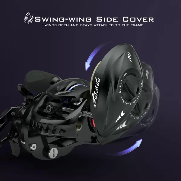 KastKing MegaJaws Elite Baitcasting Reels Patented AMB System Eliminating Backlashes Flipping Switch Function 64oz Aluminum Frame Fishing Reel with Carbon Fiber Side CoversALeftBlack Violet721No Flipping Switch