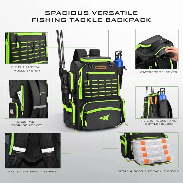 KastKing Bait Boss Fishing Tackle Backpack with Rod Holders 4 Tackle Boxes Waterproof Protective Rain Cover 43L Large Storage Waterproof Tackle Boxes for Fishing Camping Hiking Outdoor SportsB Grass Green