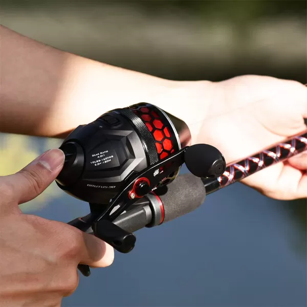 KastKing Brutus Spincast Fishing ReelEasy to Use Push Button Casting DesignHigh Speed 401 Gear Ratio5 MaxiDur Ball Bearings Reversible Handle for LeftRight Retrieve Includes Monofilament LineModel 30