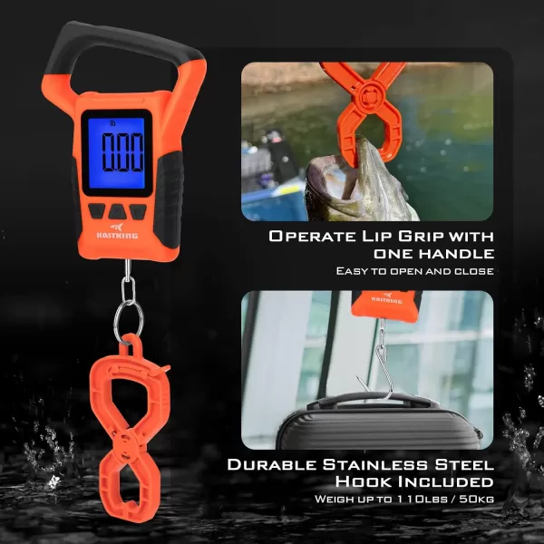 KastKing Fish Scale WideView Floating Waterproof Digital Scale 25 Large LCD Display 110lb Capacity MultiMode PoundOunces amp Kilograms Stores up to 9 Weights Fishing Gifts for MenB Orange combo