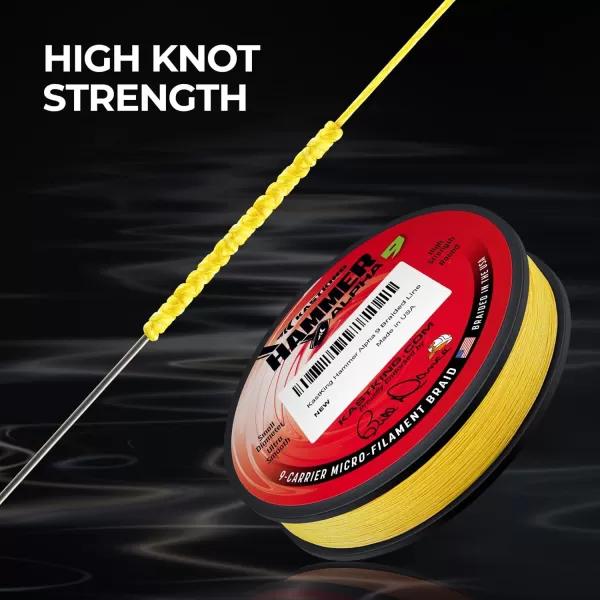 KastKing Hammer Alpha 9 UHMWPE Braided Fishing Line  Made in The USA Strong and Smooth Round 9Carrier Colorfast Braided Fishing Line Perfect for Most Fishing Reel and Finesse ApplicationsYELLOW