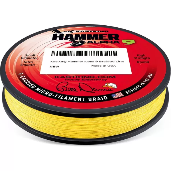 KastKing Hammer Alpha 9 UHMWPE Braided Fishing Line  Made in The USA Strong and Smooth Round 9Carrier Colorfast Braided Fishing Line Perfect for Most Fishing Reel and Finesse ApplicationsYELLOW