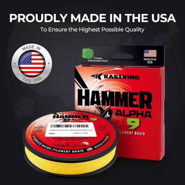 KastKing Hammer Alpha 9 UHMWPE Braided Fishing Line  Made in The USA Strong and Smooth Round 9Carrier Colorfast Braided Fishing Line Perfect for Most Fishing Reel and Finesse ApplicationsYELLOW