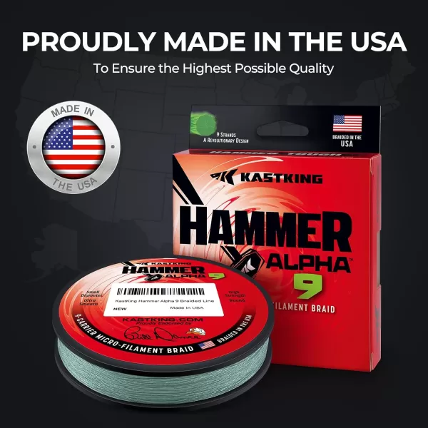 KastKing Hammer Alpha 9 UHMWPE Braided Fishing Line  Made in The USA Strong and Smooth Round 9Carrier Colorfast Braided Fishing Line Perfect for Most Fishing Reel and Finesse ApplicationsMOSS GREEN