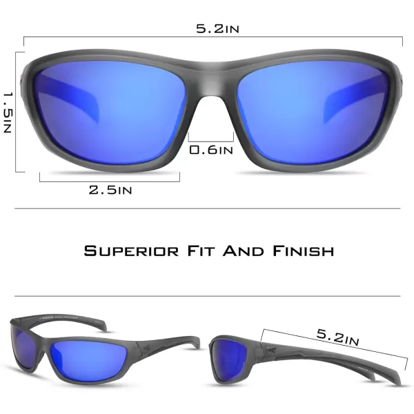 KastKing Hiwassee Polarized Sport Sunglasses for Men and Women Wrap Sunglasses for Fishing Cycling and RunningUV ProtectionFramematte Smoke CrystalLenssmoke Base Cobalt Mirror