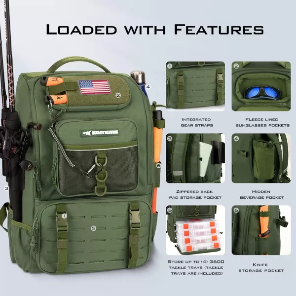 KastKing Karryall Fishing Tackle Backpack with Rod Holders 4 Tackle Boxes40L Large Storage Waterresistant Fishing Bag Store Fishing Gear and Equipment for FishingCampingHikingOutdoor SportCgreen