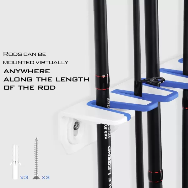 KastKing Patented V15 Vertical Fishing Rod Holder  Wall Mounted Fishing Rod Rack Store 15 Rods or Fishing Rod Combos in 1725 Inches Great Fishing Pole Holder and RackC WhiteBlue 1 Rod Rack with 4pc Lure Wrap