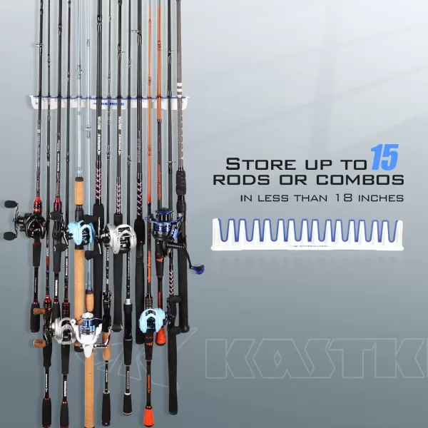 KastKing Patented V15 Vertical Fishing Rod Holder  Wall Mounted Fishing Rod Rack Store 15 Rods or Fishing Rod Combos in 1725 Inches Great Fishing Pole Holder and RackC WhiteBlue 2 Pack