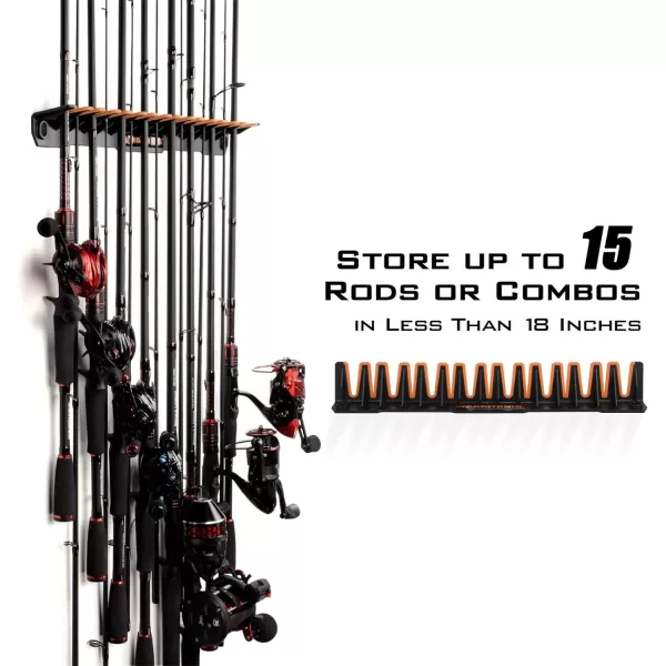 KastKing Patented V15 Vertical Fishing Rod Holder  Wall Mounted Fishing Rod Rack Store 15 Rods or Fishing Rod Combos in 1725 Inches Great Fishing Pole Holder and RackA BlackOrange 2 Pack