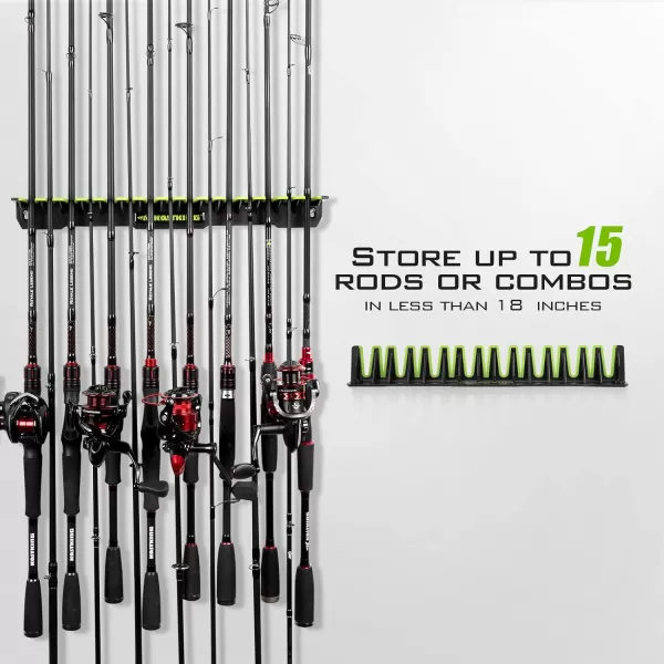 KastKing Patented V15 Vertical Fishing Rod Holder  Wall Mounted Fishing Rod Rack Store 15 Rods or Fishing Rod Combos in 1725 Inches Great Fishing Pole Holder and RackB BlackGreen 2 Pack