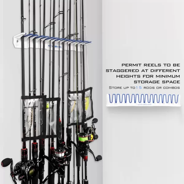 KastKing Patented V15 Vertical Fishing Rod Holder  Wall Mounted Fishing Rod Rack Store 15 Rods or Fishing Rod Combos in 1725 Inches Great Fishing Pole Holder and RackC WhiteBlue 1 Rod Rack with 4pc Lure Wrap