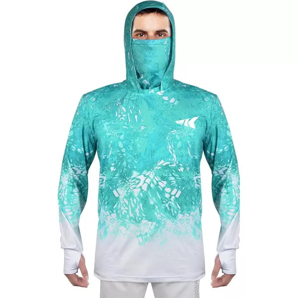 KastKing UPF 50 Fishing Hoodie Shirt For Men And Women Long Sleeve Fishing Hiking Shirt Breathable Moisture WickingKturquoise Fade With Neck Gaiter