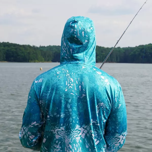 KastKing UPF 50 Fishing Hoodie Shirt For Men And Women Long Sleeve Fishing Hiking Shirt Breathable Moisture WickingKturquoise Fade With Neck Gaiter