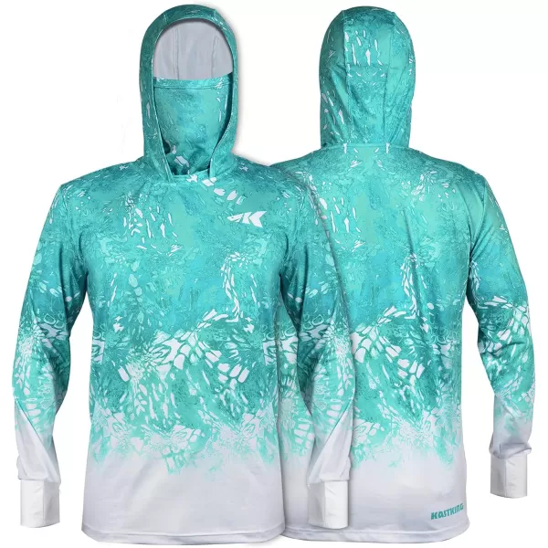 KastKing UPF 50 Fishing Hoodie Shirt For Men And Women Long Sleeve Fishing Hiking Shirt Breathable Moisture WickingKturquoise Fade With Neck Gaiter