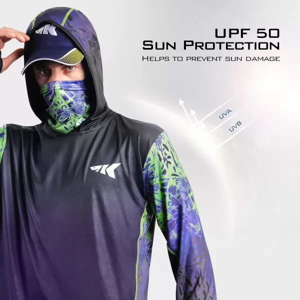 KastKing UPF 50 Fishing Hoodie Shirt For Men And Women Long Sleeve Fishing Hiking Shirt Breathable Moisture WickingOwildcat Purple and Lime Green With Neck Gaiter