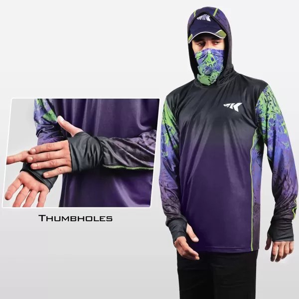 KastKing UPF 50 Fishing Hoodie Shirt For Men And Women Long Sleeve Fishing Hiking Shirt Breathable Moisture WickingOwildcat Purple and Lime Green With Neck Gaiter