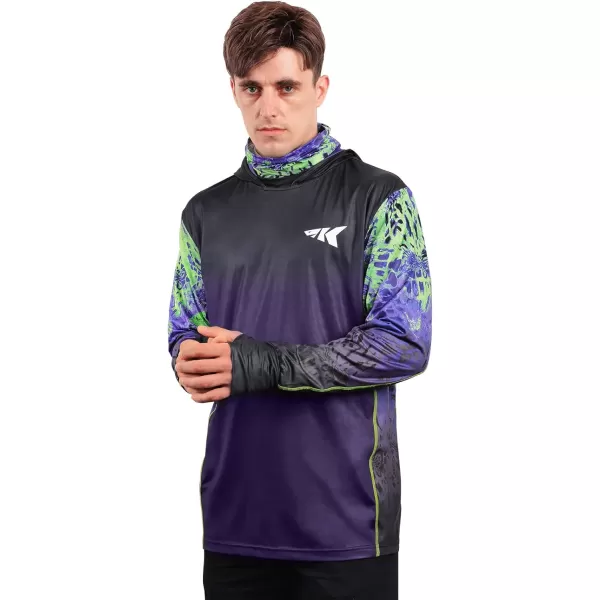 KastKing UPF 50 Fishing Hoodie Shirt For Men And Women Long Sleeve Fishing Hiking Shirt Breathable Moisture WickingOwildcat Purple and Lime Green With Neck Gaiter