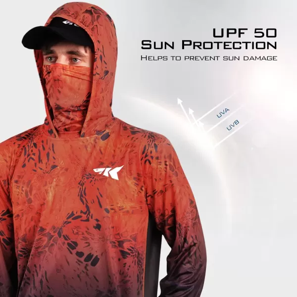 KastKing UPF 50 Fishing Hoodie Shirt For Men And Women Long Sleeve Fishing Hiking Shirt Breathable Moisture WickingRblazefade With Neck Gaiter