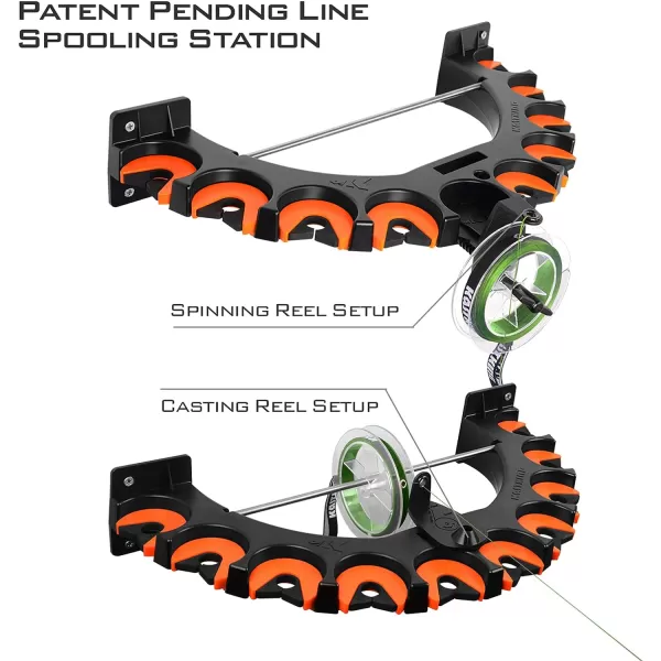 KastKing V10 Rod Rack with Line Spooling Station Wall Mounted Fishing RodCombo Rack Holds 10 Combos Fishing Line Spooling Tool for Spinning and Casting Reels2pcs Line Boss IncludedBlack