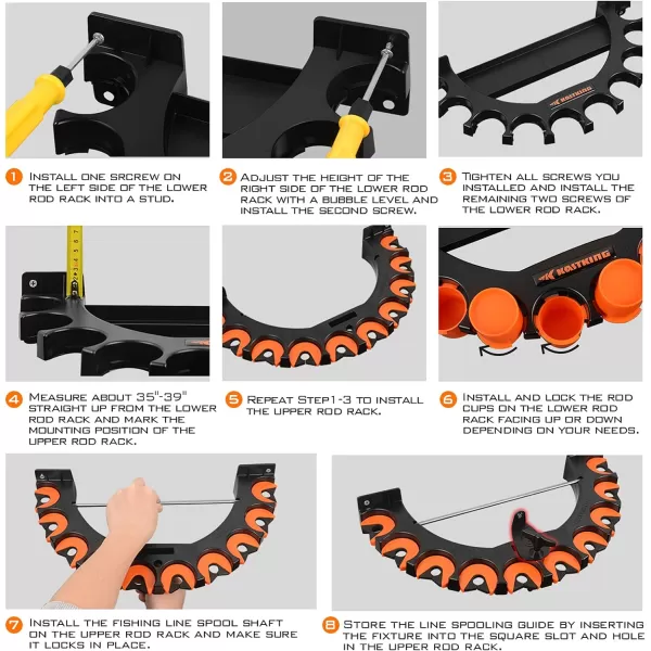 KastKing V10 Rod Rack with Line Spooling Station Wall Mounted Fishing RodCombo Rack Holds 10 Combos Fishing Line Spooling Tool for Spinning and Casting Reels2pcs Line Boss IncludedBlack