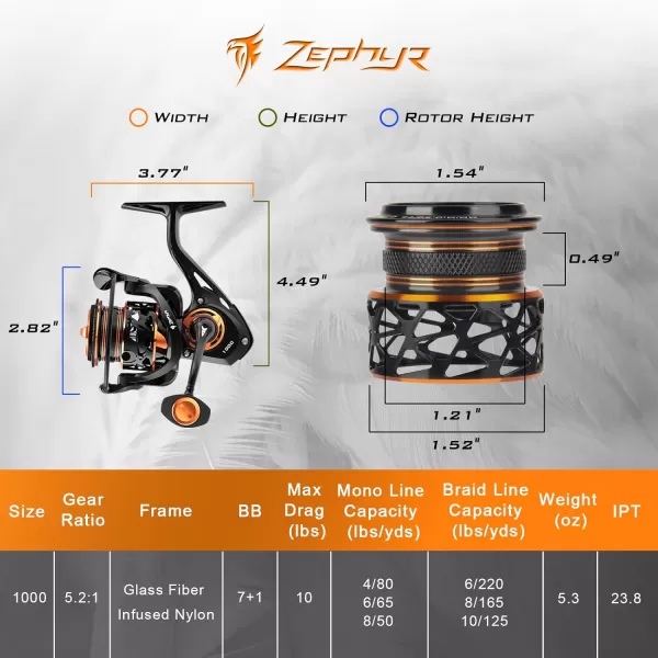 KastKing Zephyr 1000 SFS Spinning Reel  Ultralight Spin Finesse System Fishing Reel  Carbon Fiber Construction  7  1 Stainless Steel BB  Carbon Fiber Drag  Braid Line Ready CNC Aluminum SpoolNew Version