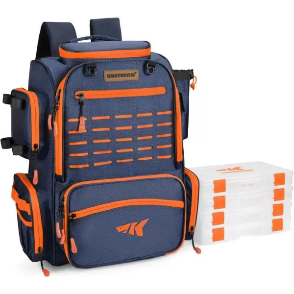 KastKing Bait Boss Fishing Tackle Backpack with Rod Holders 4 Tackle Boxes Waterproof Protective Rain Cover 43L Large Storage Waterproof Tackle Boxes for Fishing Camping Hiking Outdoor SportsC Orange