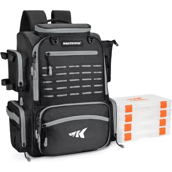 KastKing Bait Boss Fishing Tackle Backpack with Rod Holders 4 Tackle Boxes Waterproof Protective Rain Cover 43L Large Storage Waterproof Tackle Boxes for Fishing Camping Hiking Outdoor SportsA Black