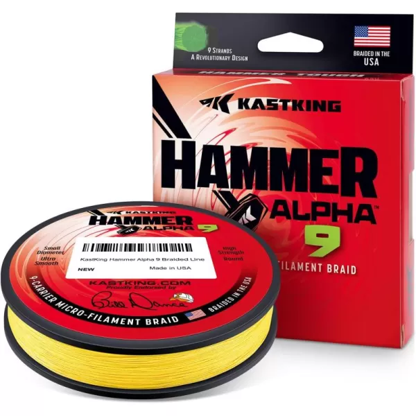 KastKing Hammer Alpha 9 UHMWPE Braided Fishing Line  Made in The USA Strong and Smooth Round 9Carrier Colorfast Braided Fishing Line Perfect for Most Fishing Reel and Finesse ApplicationsYELLOW