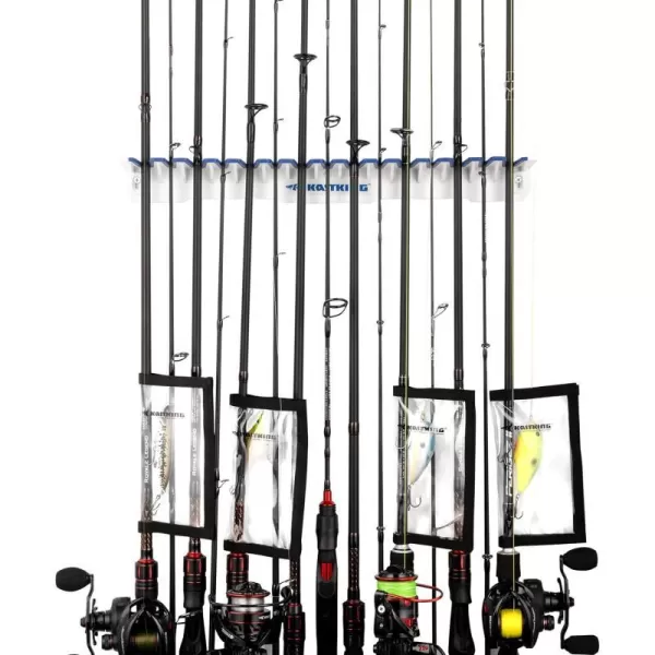 KastKing Patented V15 Vertical Fishing Rod Holder  Wall Mounted Fishing Rod Rack Store 15 Rods or Fishing Rod Combos in 1725 Inches Great Fishing Pole Holder and RackC WhiteBlue 1 Rod Rack with 4pc Lure Wrap