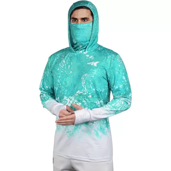 KastKing UPF 50 Fishing Hoodie Shirt For Men And Women Long Sleeve Fishing Hiking Shirt Breathable Moisture WickingKturquoise Fade With Neck Gaiter