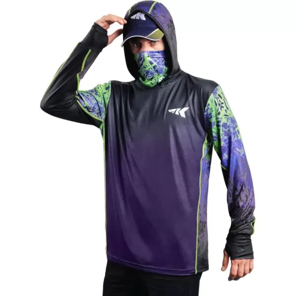 KastKing UPF 50 Fishing Hoodie Shirt For Men And Women Long Sleeve Fishing Hiking Shirt Breathable Moisture WickingOwildcat Purple and Lime Green With Neck Gaiter