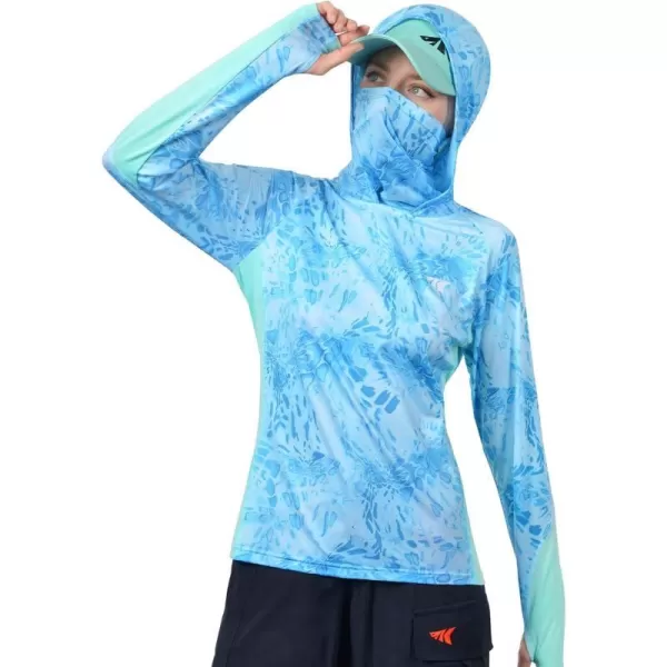 KastKing UPF 50 Fishing Hoodie Shirt For Men And Women Long Sleeve Fishing Hiking Shirt Breathable Moisture WickingWseafoam With Neck Gaiter Women