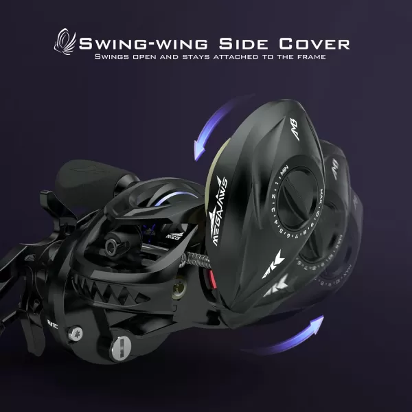 KastKing MegaJaws Elite Baitcasting Reels Patented AMB System Eliminating Backlashes Flipping Switch Function 64oz Aluminum Frame Fishing Reel with Carbon Fiber Side CoversARightBlack Violet721Shallow Spool