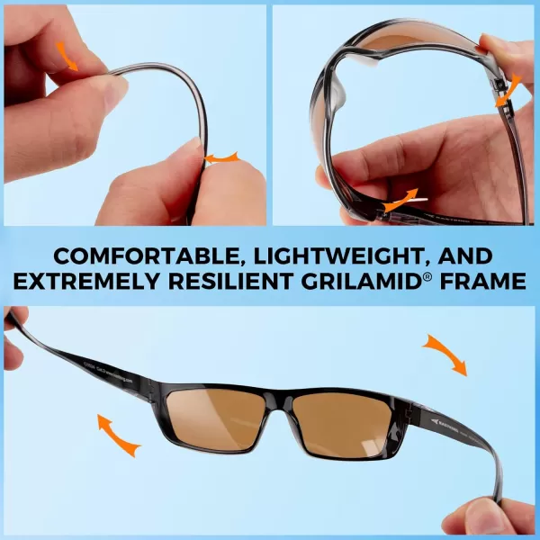 KastKing Huzzah Polarized Sport Sunglasses for Men and Women Ideal for Driving Fishing Cycling and RunningUV ProtectionFrame Gloss Transparent Back With Silver and Black Lens Brown  Silver
