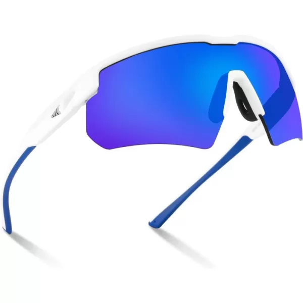 KastKing Hillsboro Polarized Sport Sunglasses for Men and Women Ideal for Baseball Cycling Running Biking UV protectionFrame Matte White  Lens Blue Mirror