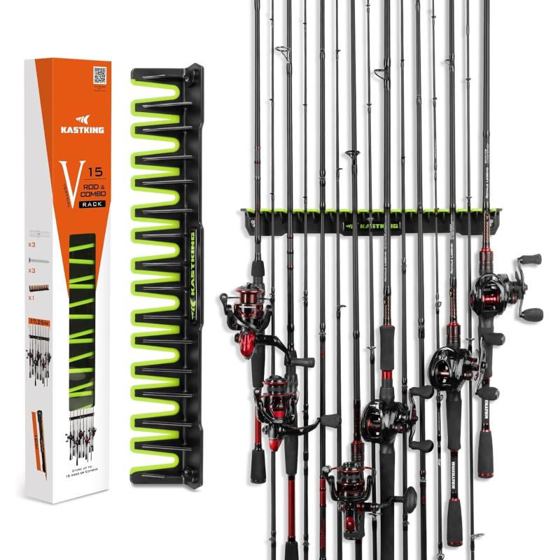 imageKastKing Patented V15 Vertical Fishing Rod Holder  Wall Mounted Fishing Rod Rack Store 15 Rods or Fishing Rod Combos in 18 Inches Great Fishing Pole Holder and RackB BlackGreen 1 Pack store 15 rods
