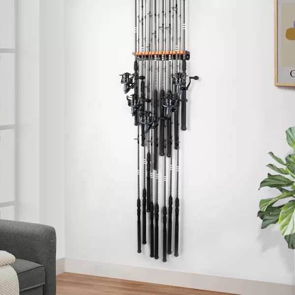 imageKastKing Patented V15 Vertical Fishing Rod Holder  Wall Mounted Fishing Rod Rack Store 15 Rods or Fishing Rod Combos in 18 Inches Great Fishing Pole Holder and RackDUpgraded Heavy Duty  BlackOrange 1 Pack