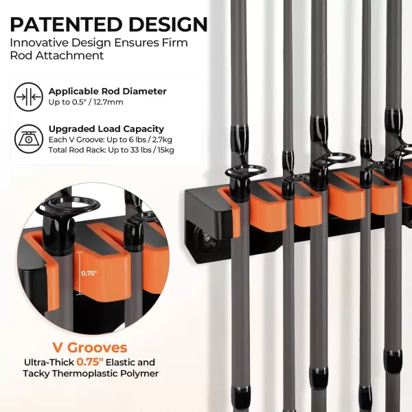 imageKastKing Patented V15 Vertical Fishing Rod Holder  Wall Mounted Fishing Rod Rack Store 15 Rods or Fishing Rod Combos in 18 Inches Great Fishing Pole Holder and RackDUpgraded Heavy Duty  BlackOrange 2 Pack