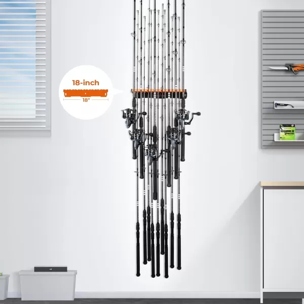 imageKastKing Patented V15 Vertical Fishing Rod Holder  Wall Mounted Fishing Rod Rack Store 15 Rods or Fishing Rod Combos in 18 Inches Great Fishing Pole Holder and RackDUpgraded Heavy Duty  BlackOrange 2 Pack