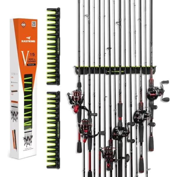 imageKastKing Patented V15 Vertical Fishing Rod Holder  Wall Mounted Fishing Rod Rack Store 15 Rods or Fishing Rod Combos in 18 Inches Great Fishing Pole Holder and RackB BlackGreen 2 Pack store 30 rods